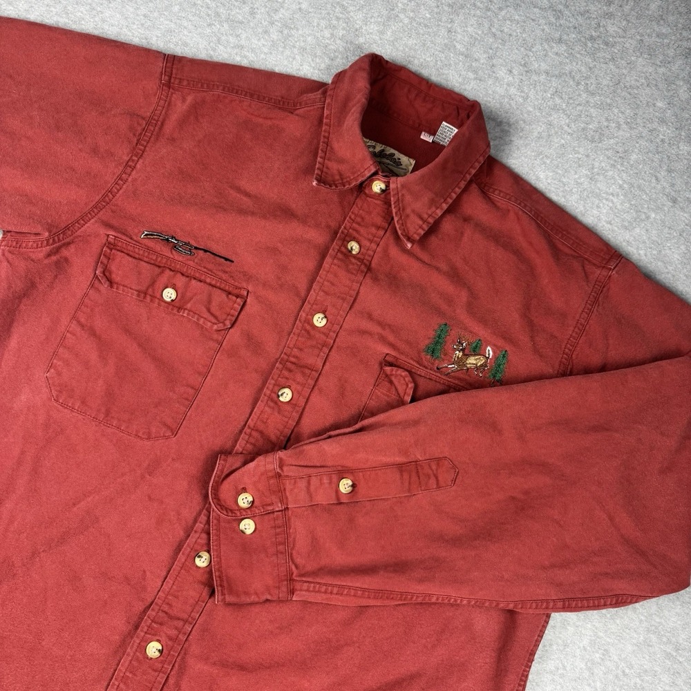Vtg 90s Cabelas Heavy Chamois Shirt Mens LT Red Embroidered Deer Gun Hunting